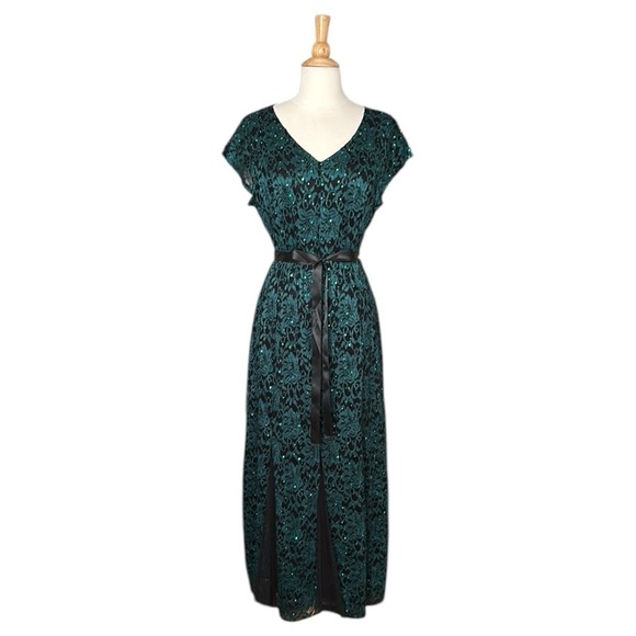 CANDALITE PETITE Dark Green Lace Maxi Dress Sheer Black Mesh Sequin Occasion - Picture 1 of 16